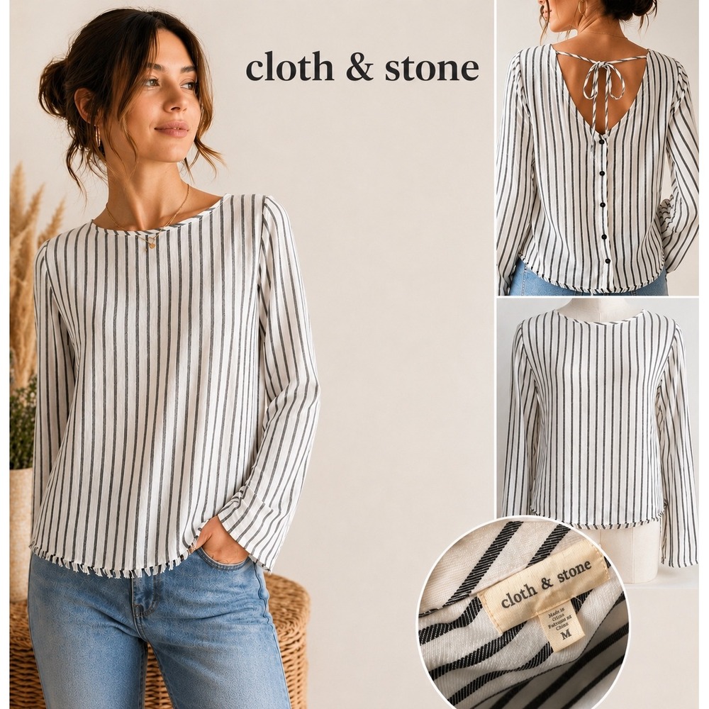 Cloth & Stone Striped Blouse Top Womens M White Black Button Front Tie Back Boho